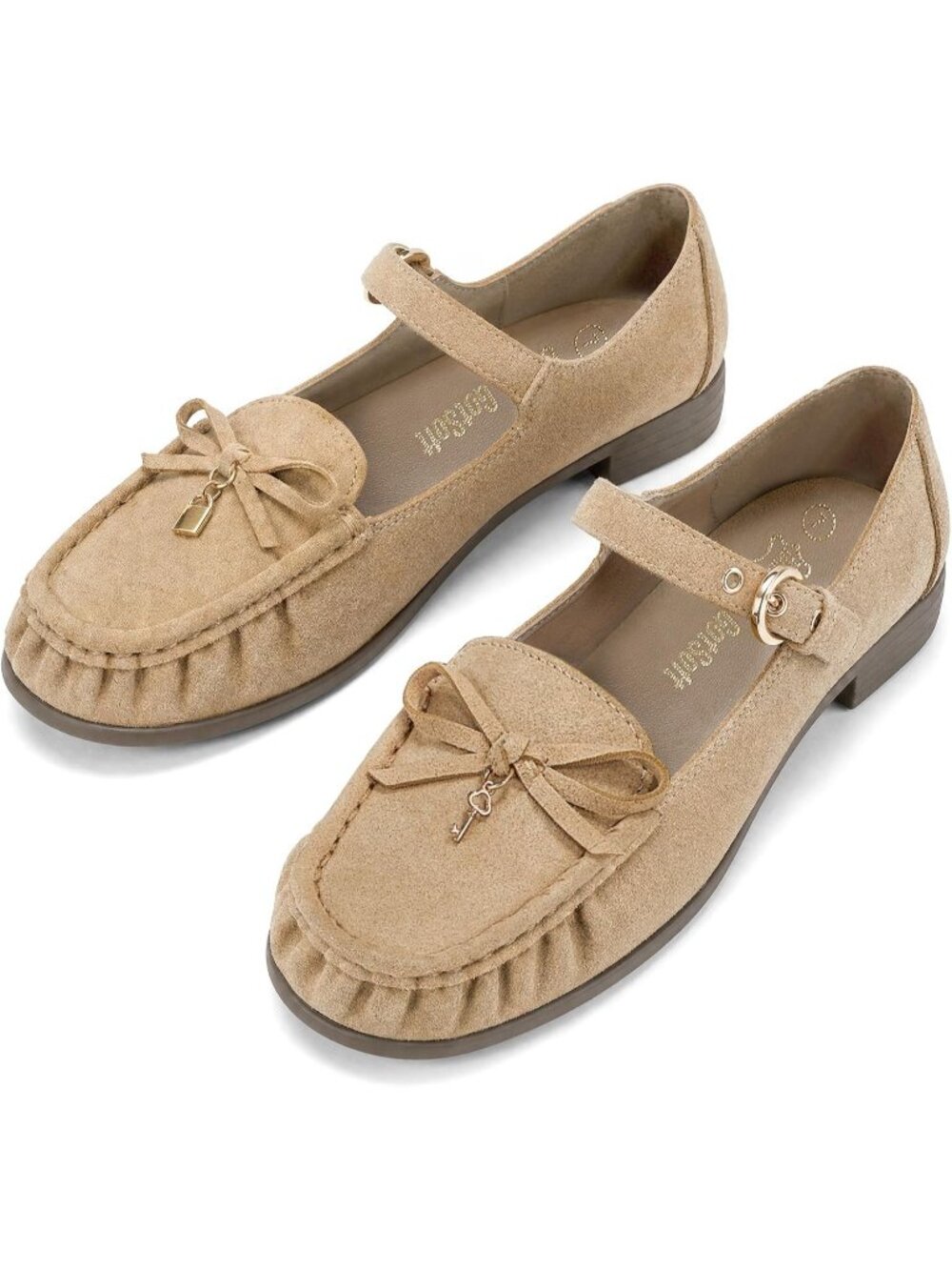 Women's Khaki Leather Loafers Bow Buckle Comfortable Classic Dress Work Shoes